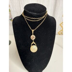 Vintage Grandmothers Buttons Necklace Topaz Gold Tone Rhinestone